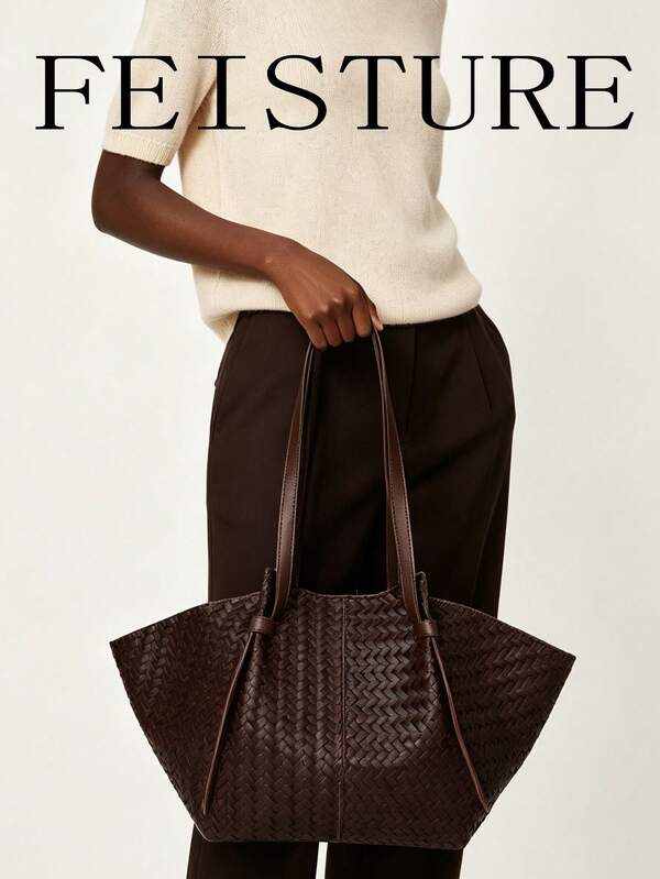 FEISTURE 1pc, Vintage Large Capacity Woven Fan-Shaped Tote Bag, Solid Color Women's Shoulder Bag, Suitable For Girls, Women, College Students, New Professionals And White-Collar Workers, Perfect For Work, Business, Commuting, School