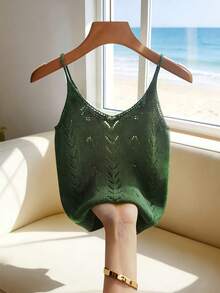 Korean Style Minimalist Solid Color Hollow Knit Camisole Top, Loose Fit Wavy Hem, Casual Commute Versatile Pullover Sweater Vest For Women - Green - View 1
