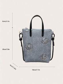 1pc Women's Colorblock Handbag With Fashion Rose Decoration And Zipper Closure, Suitable For Dating Gift - Blue - View 3