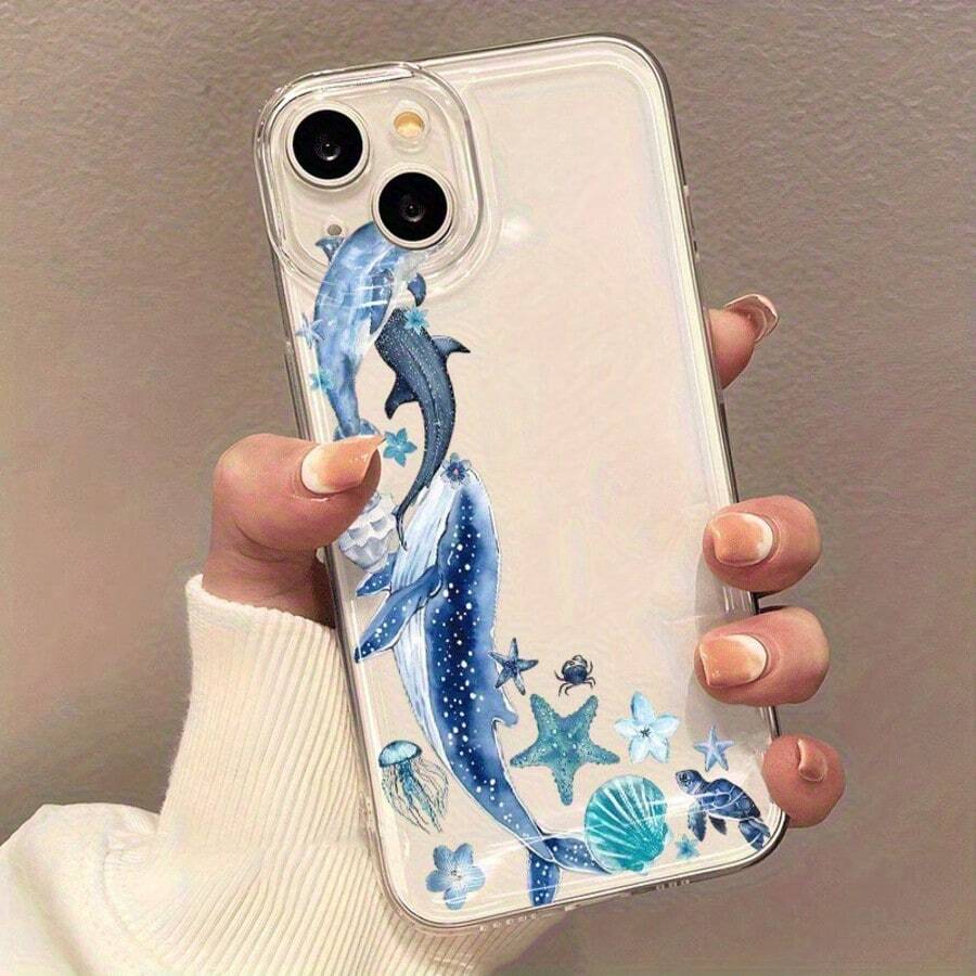 1pc Creative White Turtle Whale Jellyfish Starry Sky Pattern, High Transparency Phone Case, Anti-Drop Anti-Scratch Anti-Fingerprint Transparent TPU Soft Shell, Camera Lens Protection Compatible With Apple, Nothing, Pixel, Protective Case, Slight Color Difference May Occur Due To Lighting During Photography - Multicolor - View 1