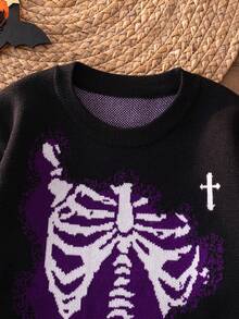 Boys Halloween Skeleton Bone Knit Pullover Sweater Suitable For Holiday Spring Autumn Winter - Black - View 4