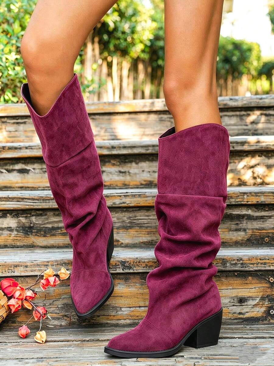 Women's Autumn/Winter New Velvet Pleated Slouchy Tall Boots, Vintage Pointed Toe Chunky Heel High Heel Shaft Boots, Burgundy Cool Fashion Boots, High Heel Chunky Heel Fashion Punk Style Chelsea Boots, Outdoor Casual Fashion Boots - Burgundy - View 1