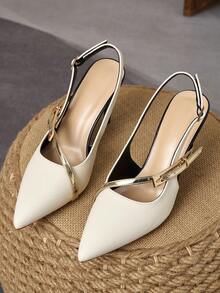 Minimalist Colorblock Gold Decor Double Buckle Pointed Toe Multi-Adjustable Strap Stiletto High Heel Sandals, Front And Back Metal Buckles Fit Wide And Narrow Feet, Suitable For All-Season Commute, Urban Street Style, Light Formal Party Outfits - Beige - View 5