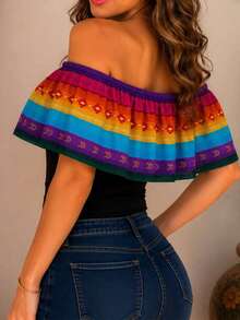 Blusa Mexicana Campesina Patrio Tricolor Tradicional Fiesta Septiembre Playera Olan Tipo Campesino Mujer Dama Juvenil Sexy - Amarillo Mostaza - Ver 4