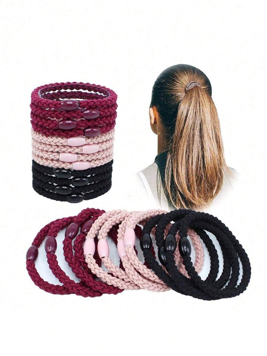 12pcs Women's Elastic Ponytail Hair Ties, Multi-Strand Braided Design, Round, Suitable For Thick And Long Hair (Multi-Color) - Multicolor - View 1