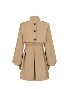 Lantern Sleeve Old Money Style Double-Breasted Trench Coat Jacket For Women - Khaki - View 5