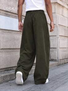 1pc Men's Spring/Autumn Streetwear College Style Corduroy Multi-Pocket Wide Leg Casual Long Pants - Green - View 2