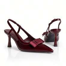 Women's Burgundy Patent Slingback Heels, Pointed Toe Grosgrain Ribbon Bow Accent, Flared High Heel Pumps For Special Occasions - Bordeaux - View 3