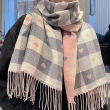 Blue & Beige Plaid Heart Print Scarf, Comfortable Winter Tassel Shawl - Love - View 9
