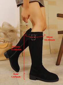 New Vintage Suede Leather Belt Buckle Knee-High Chunky Heel Round Toe Riding Boots For Women - Black - View 6
