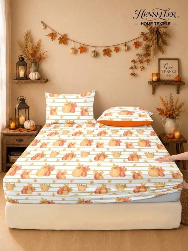 1pc Halloween & Thanksgiving Leaf Pumpkin Print Fitted Sheet, Quiet, Non-Slip, Machine Washable, Durable & Easy Care, All-Season Bedding For All Bed Sizes, Home, Dorm, Apartment, Guest Room, Rentals, Bedroom Decor & Holiday Gifts