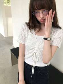 YCYC 韓式鏤空抽繩V領女款針織上衣 - 白色 - 查看 9