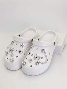 Women's Bling Rhinestone Bow Chain Decor Clogs Flat Non-Slip Closed Toe Slippers Indoor Outdoor Beach Casual Sandals - White - View 2