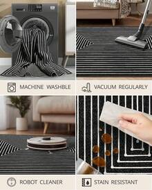 Latte&Fog Alfombras de 153 x 215 cm para Sala de Estar y Dormitorio,Moderna Abstracta Lavable, de Pelo bajo Antideslizante Estilo Boho para Sala de Estar, Oficina, Dormitorio(Negro 5x7ft) - Negro - Ver 10