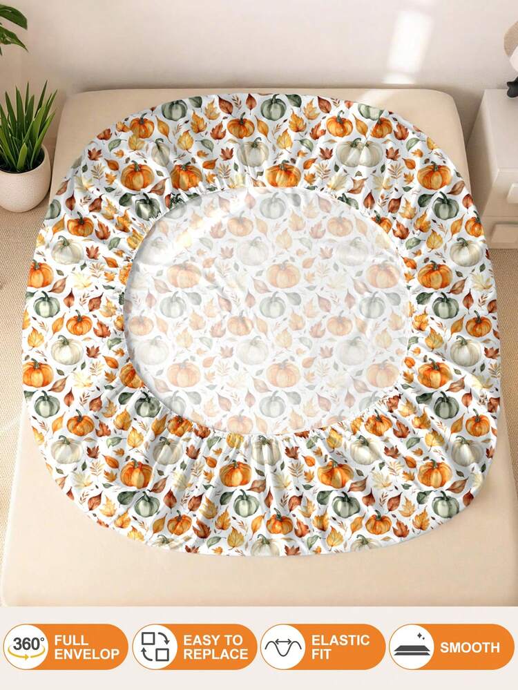 1pc Halloween Thanksgiving Leaf Pumpkin Print Fitted Sheet (Fitted Sheet Only), Machine Washable Durable Fitted Sheet, Autumn Holiday Bedroom Decor, Suitable For King/Queen/Full/Twin Size, Applicable For Home, Dorm, Apartment, Guest Room, Rental And Gift - Multicolor - View 9