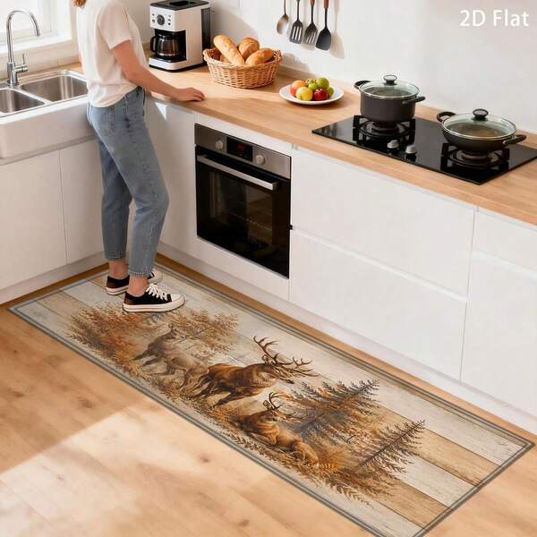 2D Flat 1pc Kitchen Long Runner Rug, Autumn Deer In The Forest, Home Decor Sofa Bedroom Bedside Mat, Suitable For Room, Hallway, Balcony, Bathroom Laundry Room Entrance Mat, Bathroom Door Absorbent Non-Slip Foot Mat