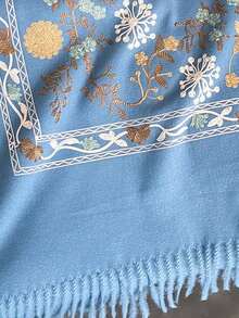 1pc Women's Autumn/Winter Faux Cashmere Embroidered Scarf, Thick Warm Tassel Shawl Cape, Bohemian Style Travel Wrap - Sky Blue - View 3