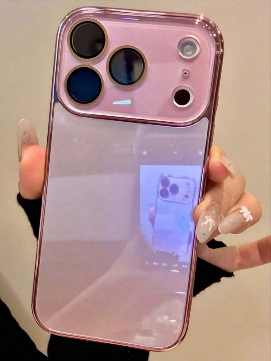 Luxury Electroplated Glossy Phone Case, Compatible With IPhone 17 Pro Max 16 15 14 13 12 11 Pro Max, Minimalist Solid Color Glass Lens Protection, Shockproof Hard Shell Back Cover - Pink - View 1