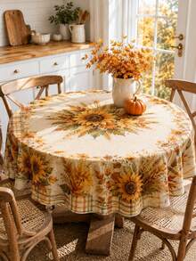 1 buah Taplak Meja Bundar Motif Bunga Matahari Musim Gugur, Penutup Meja Bundar Poliester dengan Motif Daun Maple, Gandum Panen, dan Pinggiran Kotak-kotak Pedesaan untuk Meja Makan, Dekorasi Dapur, Makan Malam Thanksgiving, Pesta Musim Gugur, dan Dekorasi Rumah Gaya Pedesaan - MultiWarna - View 13