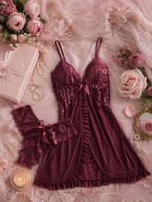 2 Sets Spring/Summer Lace Camisole Sleepwear, Bow & Pleated Design, Sexy V-Neck Lingerie Style Loungewear, Suitable For Date Night - Multicolor - View 2