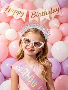 3/1件組-女孩生日派對套裝，包含粉色亮片「生日女孩」肩帶、生日女王派對眼鏡和公主生日女孩髮箍，適合女孩生日派對裝扮 - 彩色 - 查看 7