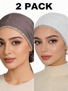 2pcs Women's Fashionable Elastic Exquisite Chain Rhinestone Craft Shiny Bohemian Polyester (Polyester) Knitted Ribbed Fabric All-Season Underscarf - 3-row Rhinestone Chain Headscarf Multi-color - View 6
