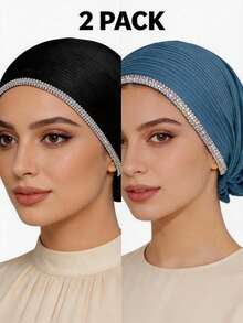 2pcs Women's Fashionable Elastic Exquisite Chain Rhinestone Craft Shiny Bohemian Polyester (Polyester) Knitted Ribbed Fabric All-Season Underscarf - 3-row Rhinestone Chain Headscarf Multi-color - View 17