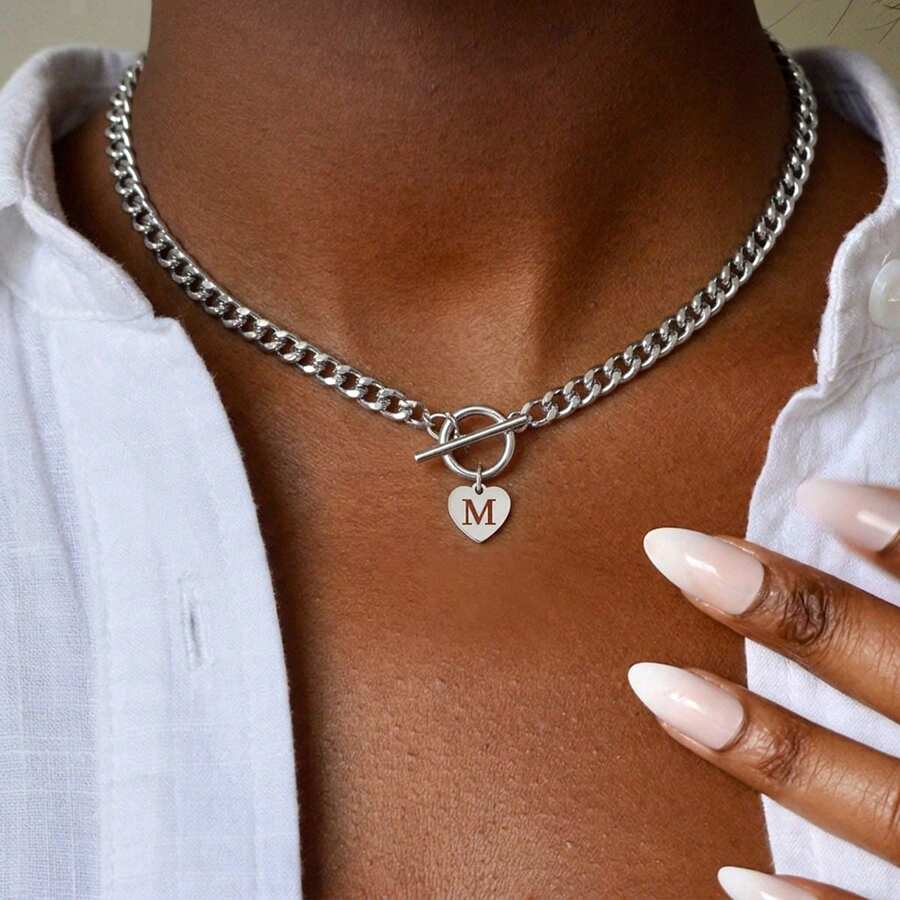 1pc Fashion Stainless Steel Heart Initial Pendant Toggle Clasp Chain Necklace Women For Party - Silver - View 1