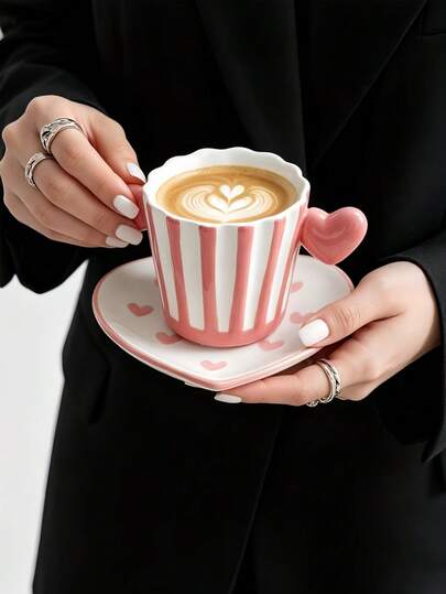 1pc 3D Heart Striped Ceramic Cup And Saucer, Ins Style Fresh Heart Striped Coffee Latte Art Cup And Saucer, Nordic Creative Design Afternoon Tea Dessert Cup And Saucer, Suitable For Restaurant, Living Room, Coffee Shop, Party, Gift