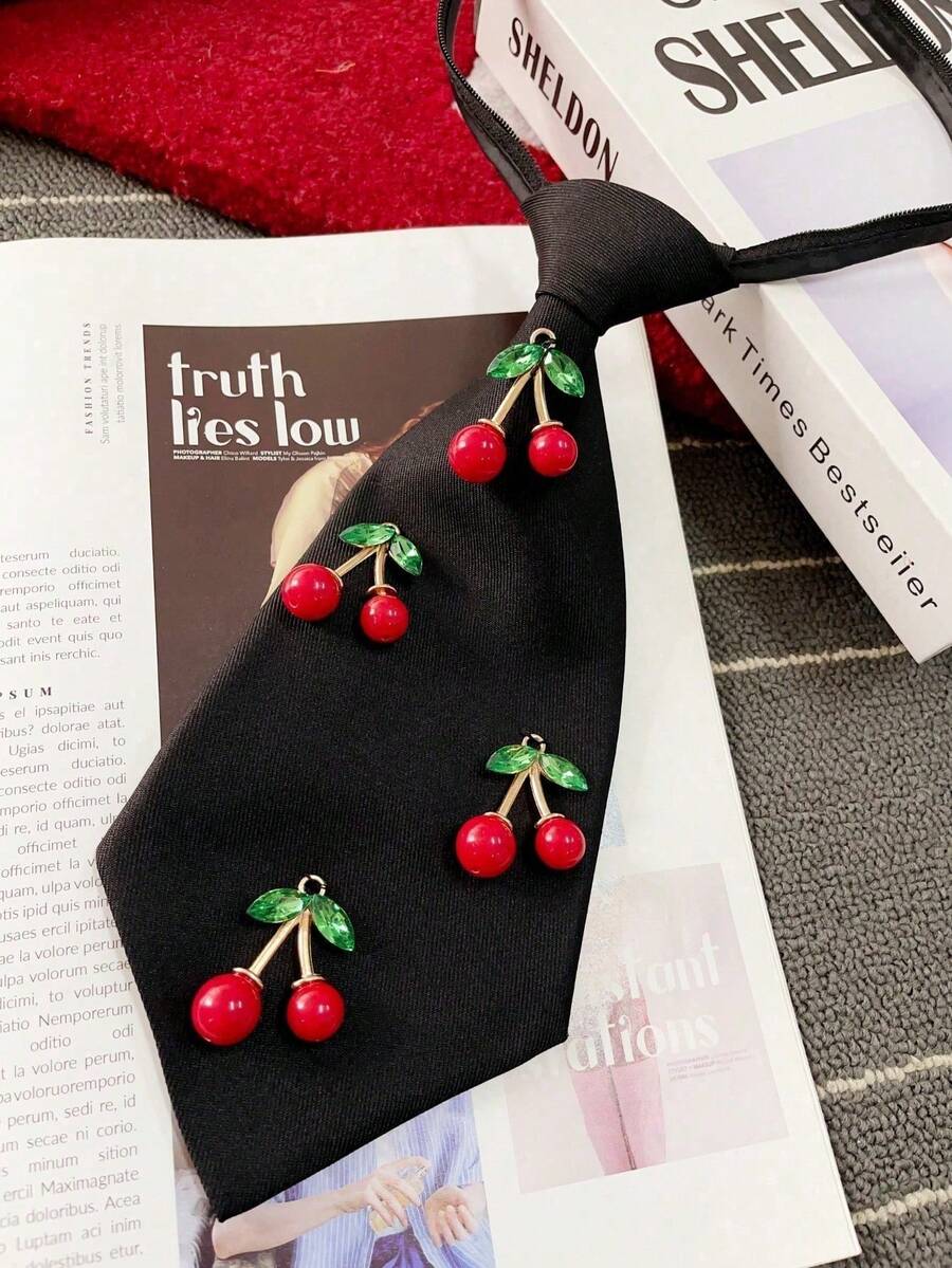 1件手工串珠紅色櫻桃字母可拆卸領結領飾,個性化穿搭裝飾頸部配件 - 立體櫻桃 - 查看 1