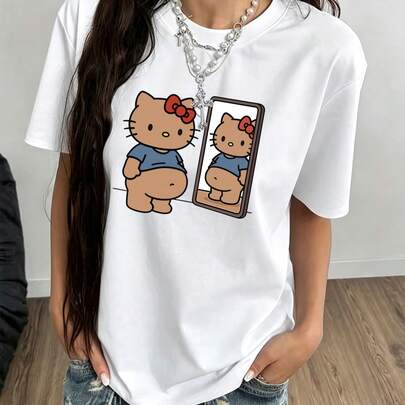 夏卒業シーズン 日本風かわいいコットン半袖、サンリオのふっくらハローキティプリント、スイートTシャツ