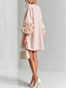 French Three-Dimensional Floral Lantern Sleeve Cotton Linen Dress, Crew Neck Single-Breasted Loose Figure-Concealing Vacation Mini Dress - Pink - View 3