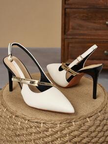 Minimalist Colorblock Gold Decor Double Buckle Pointed Toe Multi-Adjustable Strap Stiletto High Heel Sandals, Front And Back Metal Buckles Fit Wide And Narrow Feet, Suitable For All-Season Commute, Urban Street Style, Light Formal Party Outfits - Beige - View 4