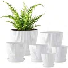 1pc/Set 7.48-5.91 Inch Plastic Flower Pot With Tray, Drainage Hole Planting Pot, Vertical Stripe Design, Lightweight And Space-Saving, Suitable For Desktop, Office, Living Room, Balcony And Home Decor - Multicolor - View 3