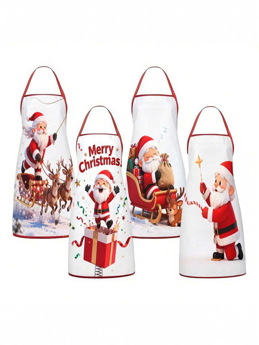 4PCS Christmas Mrs. Claus Apron Set, Funny Santa Costume Print Adjustable Waterproof Kitchen Apron, Holiday Cooking Apron Gift For Women - Multicolor - View 1