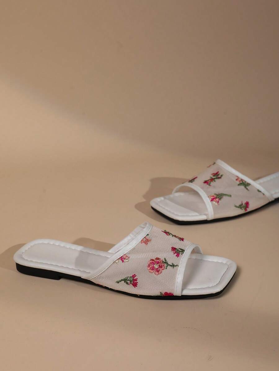 French Floral Mesh Square Toe Slide Sandals For Women, Summer Flat Fairy Style Vacation Slippers - White - View 1