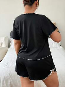 Women's Plus Size Pajamas, Lapel Short Sleeve And Shorts Black Plus Size Pajamas. Two Pieces Women's Pajama Set, Suitable For Curvy Women. - Black - View 2