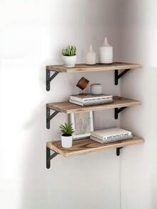 1pc/3pcs Industrial Style Faux Wood Wall Hanging Shelf, Black Iron Triangle Bracket Wall Shelf, Bedroom Study Books & Plants Multi-Layer Display Storage Rack - Multicolor - View 4