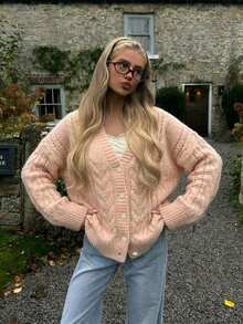 Pink Chunky Knit V-Neck Front Button Cardigan, Long Sleeve Loose Fit Sweater, Soft Casual Layering Top, Suitable For Autumn/Winter And Daily Wear - Pink - View 6
