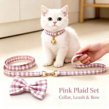 3pcs Cute Plaid Cat Collar Set With Bell, Adjustable Soft Neck Strap, Fashion Pet Accessory For Daily Walking - Multicolor - View 5