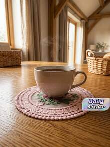 1/3pcs Vintage Floral Embroidered Crochet Lace Coasters, Round Heat-Resistant Placemats, Handmade Cotton Table Mats, Pink/Beige, Suitable For Coffee Cups And Tea Cups, Home Decor, Kitchen And Dining Room, Country Vintage Style Tableware Accessories - Multicolor - View 5