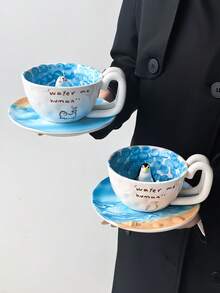 1組超吸睛海豹/企鵝陶瓷咖啡杯碟套組,INS風可愛個性創意小眾設計 3D浮雕咖啡杯,搭配海灘貝殼6英吋餐盤,大容量精緻,送禮首選 - 彩色 - 查看 2