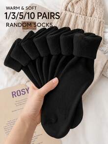 1/3/5/10 Pairs Solid Color Thermal Lined Thick Mid-Calf Socks, Thick Terry Warm Socks, Autumn/Winter Casual Home Sleep Floor Socks - Black - View 8