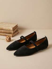 Elegante schwarze Damen-Mary-Jane-Ballerinas aus Kunstwildleder mit spitzer Zehenpartie, elastischem Riemen, flache Slip-On-Schuhe, bequem und rutschfest für Büro und Alltag - Schwarz - Übersicht 9