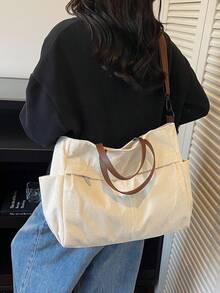 女款多口袋托特包，簡約時尚單肩斜挎包，輕便可折疊購物旅行包，辦公包 - 白色 - 查看 2