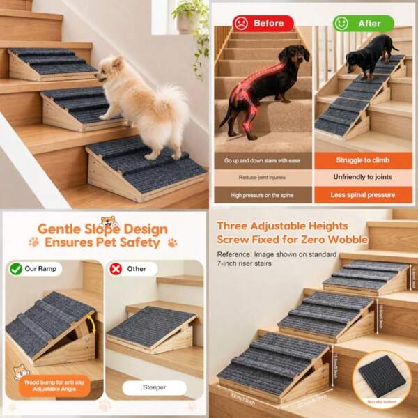 Adjustable Heights Dog Ramp For Stairs For Small And Senior Dogs And Cats 3 Pack, Wooden Anti-Slip Pet Steps, Anti-Slip Bump, Stair Wedges For Dogs,  Climbing, Indoor And Outside Dog Ramp Stairs