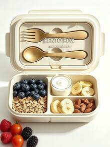 1 Peça Peça Caixa Bento, 3 Compartimentos, Recipiente de Almoço à Prova de Vazamento com Colher e Garfo, Caixa de Armazenamento de Alimentos Portátil e Leve, Adequada para Estudantes e Trabalhadores de Escritório, Especialmente para Preparação de Refeições de Perda de Peso, Piquenique Escolar, Viagem e Essenciais de Volta às Aulas - Multicolorido - Visão 2
