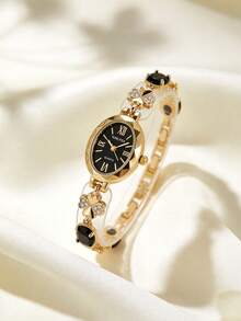 1 Pc Women's Jewelry Oval Dial Quartz Watch Gold Alloy Design Sense Watch Retro Temperament Light Luxury Gift Women's Watch - Black - View 1