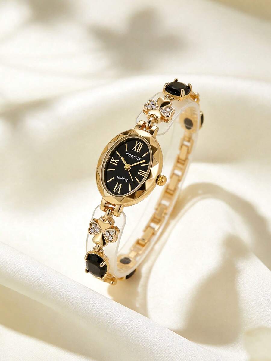 1 Pc Women's Jewelry Oval Dial Quartz Watch Gold Alloy Design Sense Watch Retro Temperament Light Luxury Gift Women's Watch - Black - View 1