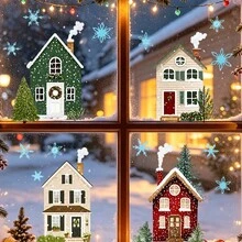 4pcs/Set Christmas Window Clings Winter Village Static Glass Stickers Reusable Double Sided Christmas Cottage Snowflake Decals For Holiday Party Home Office Decor Xmas Glass Stickers - Multicolor - View 2